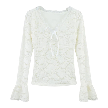 Tricou din polyester cu decolteu în V, mâneci lungi, croi slim, design colaj, stil coreean, conținut polyester 30-50%