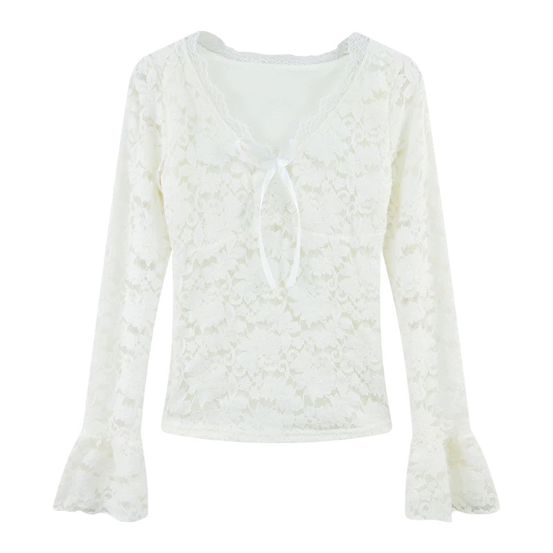 Tricou din polyester cu decolteu în V, mâneci lungi, croi slim, design colaj, stil coreean, conținut polyester 30-50%