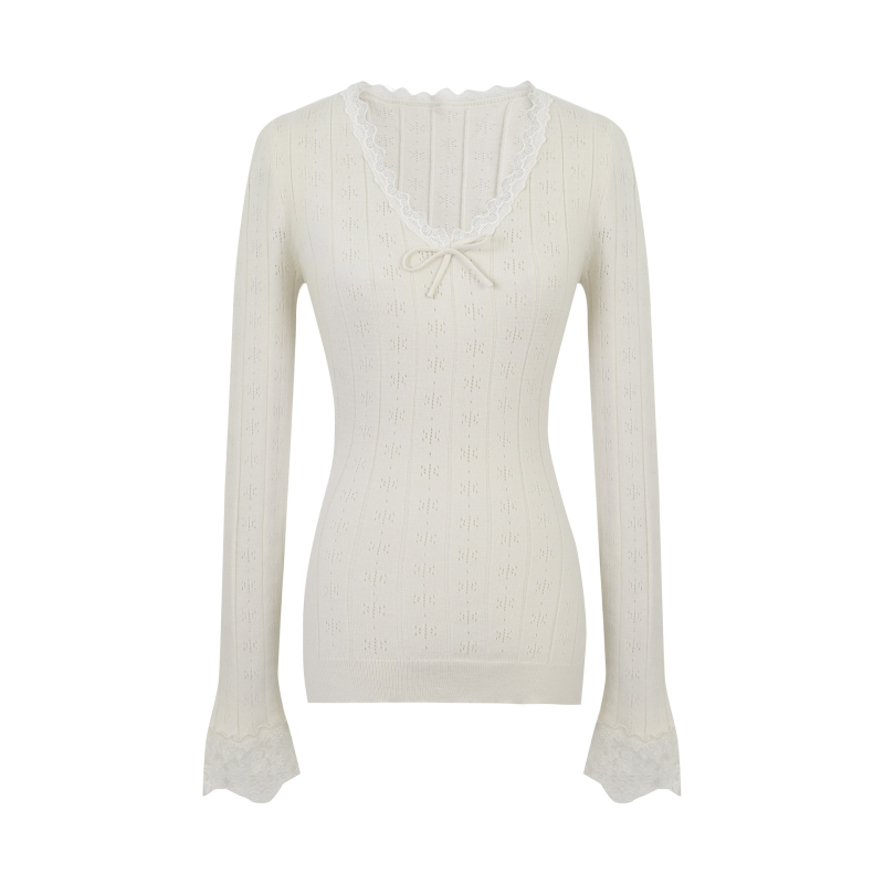 Pulover tricotat în stil coreean, decolteu în V, croială slim, mâneci lungi