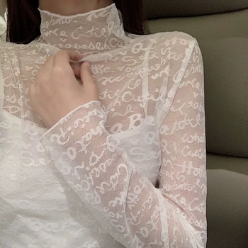 Női poliészter jacquard csipkés felső magas gallérral, hosszú ujjakkal, karcsú szabás