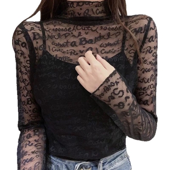 Női poliészter jacquard csipkés felső magas gallérral, hosszú ujjakkal, karcsú szabás