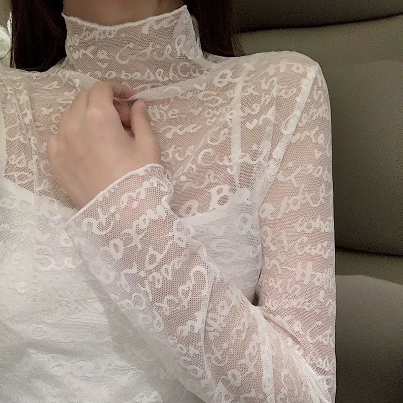 Női poliészter jacquard csipkés felső magas gallérral, hosszú ujjakkal, karcsú szabás