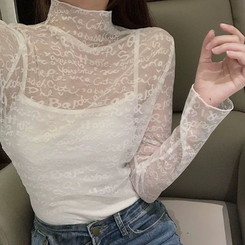 Női poliészter jacquard csipkés felső magas gallérral, hosszú ujjakkal, karcsú szabás