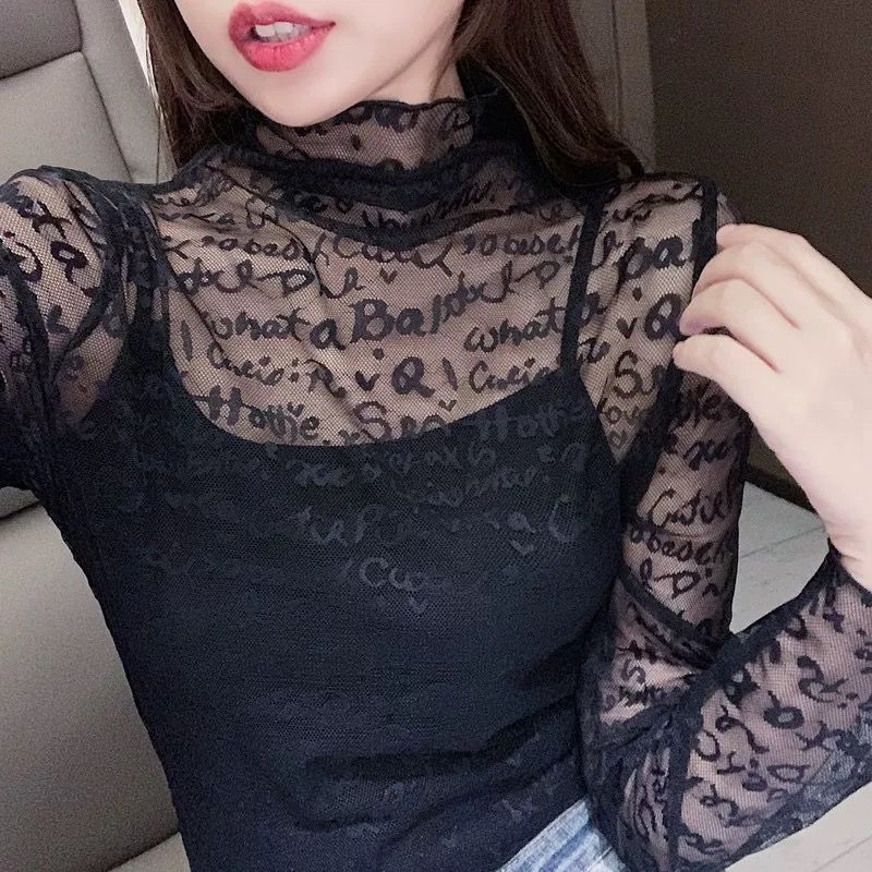 Női poliészter jacquard csipkés felső magas gallérral, hosszú ujjakkal, karcsú szabás