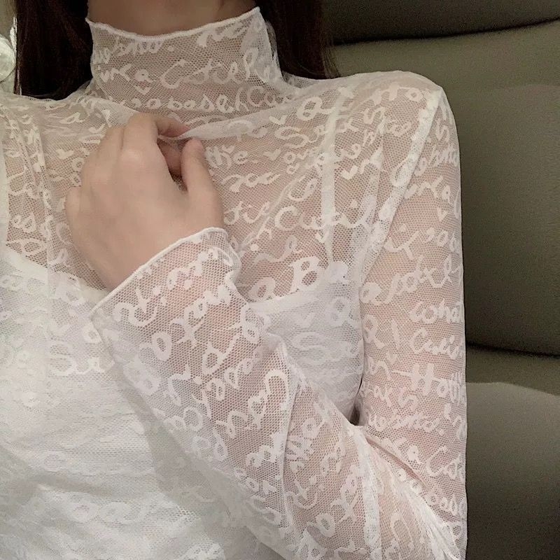 Női poliészter jacquard csipkés felső magas gallérral, hosszú ujjakkal, karcsú szabás