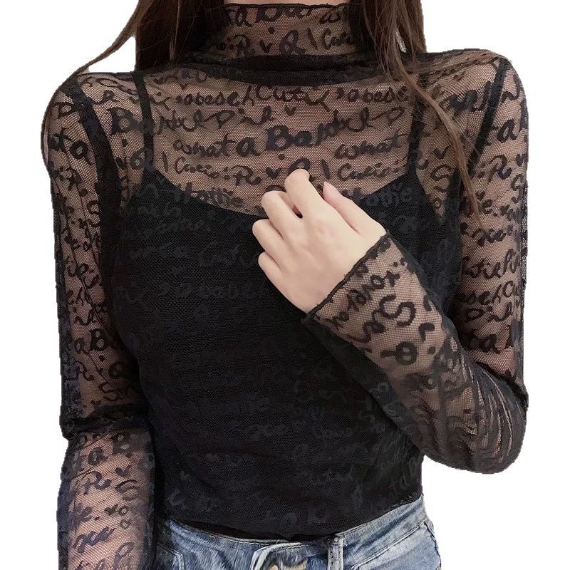 Női poliészter jacquard csipkés felső magas gallérral, hosszú ujjakkal, karcsú szabás