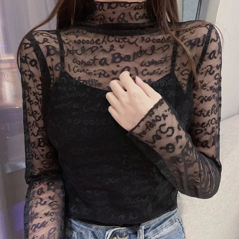 Női poliészter jacquard csipkés felső magas gallérral, hosszú ujjakkal, karcsú szabás