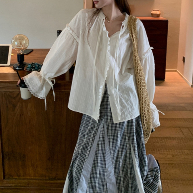 Női 2025-ös csipke és jacquard mintásing, halter nyakú, hosszú ujjú, lazán szabott (Tavasz 2025)