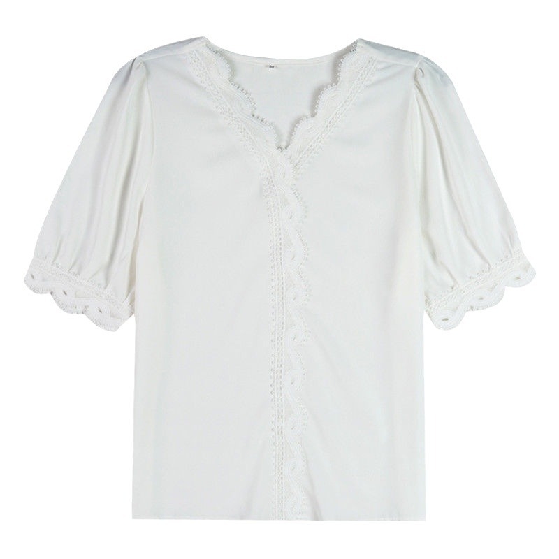 Női V-nyakú, csipkevarrással ellátott laza szabású rövid ujjú póló poliészterből