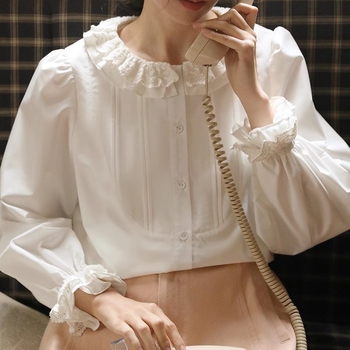 Nesoulum Női Ing Csipkés Kétszínű Gallérral, Álló Gallér, Szabad Vonalú, Hosszú Ujjú, 3D Mintázat (Álló Gallér; Hosszú Ujj; Kollázs/varrás)