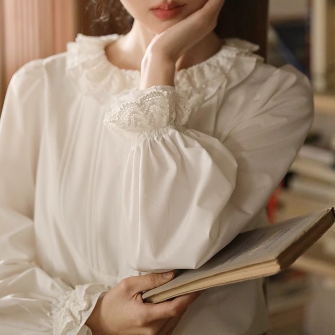 Nesoulum Női Ing Csipkés Kétszínű Gallérral, Álló Gallér, Szabad Vonalú, Hosszú Ujjú, 3D Mintázat (Álló Gallér; Hosszú Ujj; Kollázs/varrás)