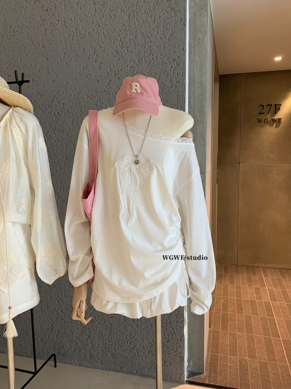 Tricou cu mâneci lungi, croială lejeră, guler înclinat, culoare solidă, stil casual japanez-coreean