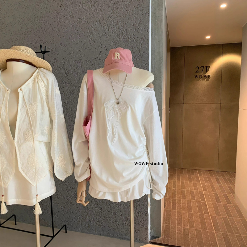 Tricou cu mâneci lungi, croială lejeră, guler înclinat, culoare solidă, stil casual japanez-coreean