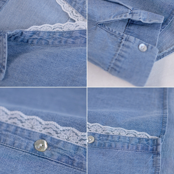 Női farmering csipkés szélekkel, hosszú ujjú, szabályos szabás, vasalásmentes kivitel, 70–80% poliészter