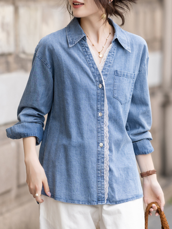 Női farmering csipkés szélekkel, hosszú ujjú, szabályos szabás, vasalásmentes kivitel, 70–80% poliészter