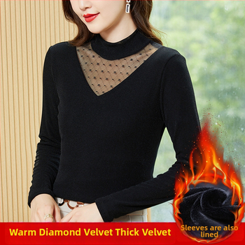 Naiselik võrgustik-topp pikkade käistega, poolkõrge kaelus, nailonist kangas