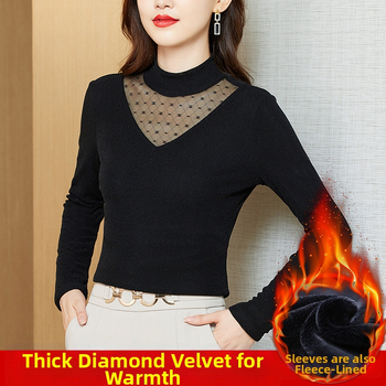 Naiselik võrgustik-topp pikkade käistega, poolkõrge kaelus, nailonist kangas