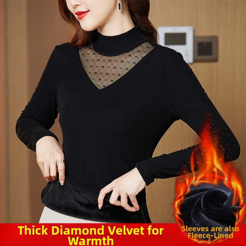 Naiselik võrgustik-topp pikkade käistega, poolkõrge kaelus, nailonist kangas