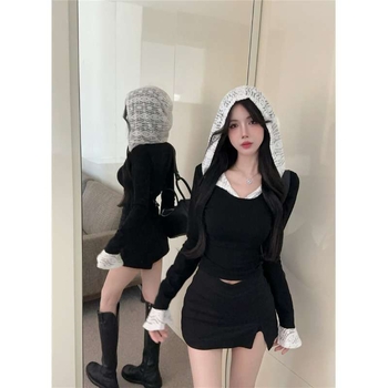 Modal топ с качулка, дълги ръкави, дантелено шиене, къса дължина (40–50 см), 70–80% модал