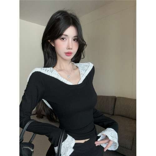 Modal топ с качулка, дълги ръкави, дантелено шиене, къса дължина (40–50 см), 70–80% модал