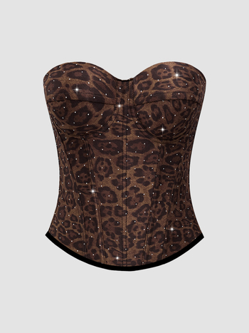 Leopárdmintás poliészter felső karcsú szabású, rövid fazon, dupla pánt, poliészter tartalom 80–90%