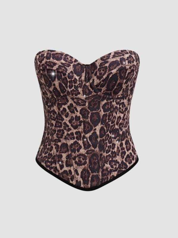 Leopárdmintás poliészter felső karcsú szabású, rövid fazon, dupla pánt, poliészter tartalom 80–90%