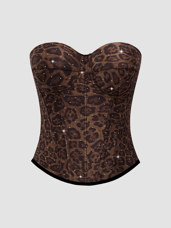 Leopárdmintás poliészter felső karcsú szabású, rövid fazon, dupla pánt, poliészter tartalom 80–90%