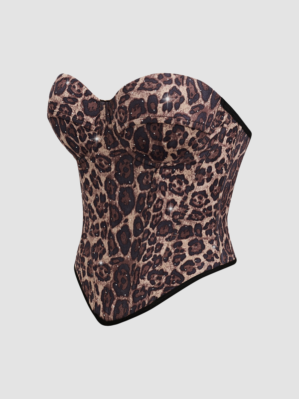 Leopárdmintás poliészter felső karcsú szabású, rövid fazon, dupla pánt, poliészter tartalom 80–90%