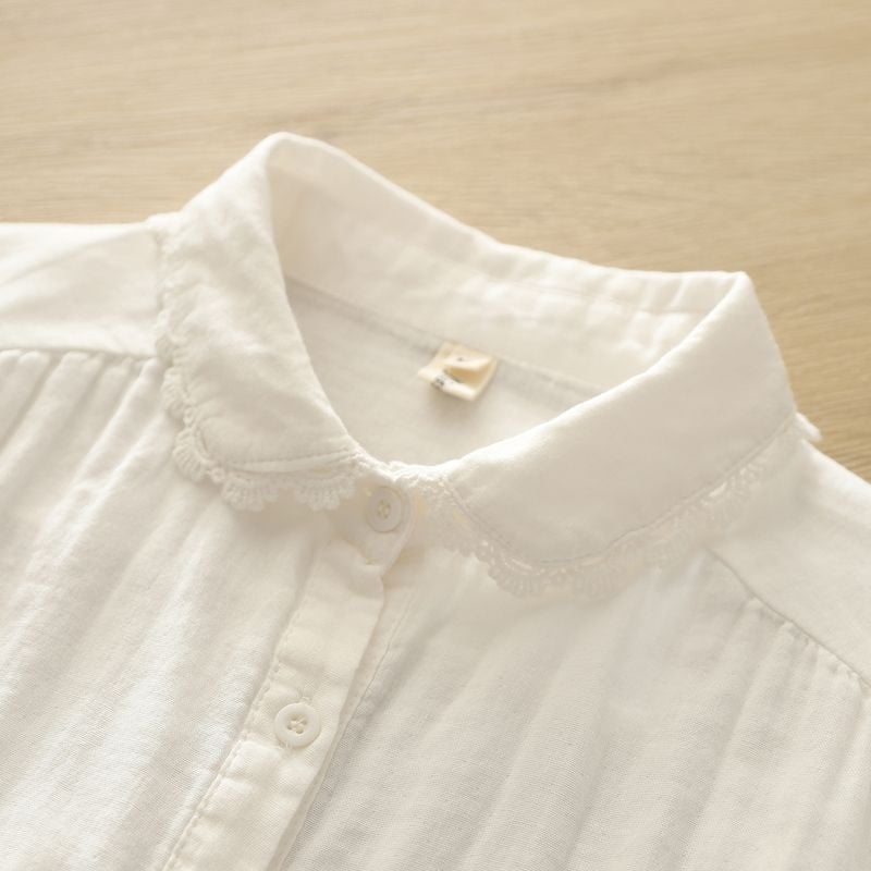 Női hosszú ujjú pamut géz ing, dupla réteg, csipkés virágos részlettel, tiszta pamut, polo gallér, kolázs/patchwork részlet, 95%+ pamut