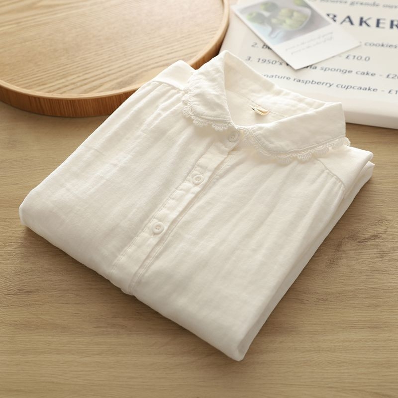 Női hosszú ujjú pamut géz ing, dupla réteg, csipkés virágos részlettel, tiszta pamut, polo gallér, kolázs/patchwork részlet, 95%+ pamut