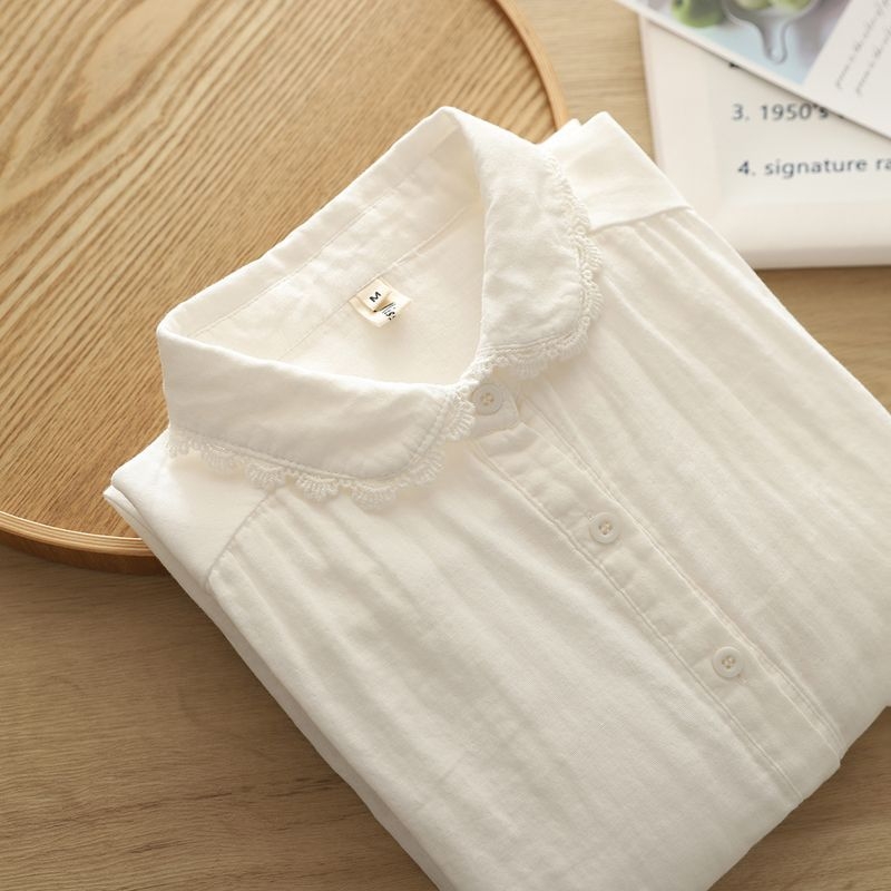 Női hosszú ujjú pamut géz ing, dupla réteg, csipkés virágos részlettel, tiszta pamut, polo gallér, kolázs/patchwork részlet, 95%+ pamut