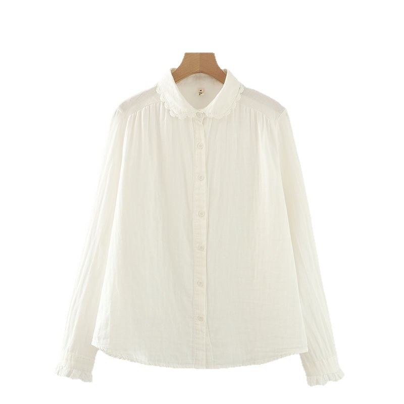 Női hosszú ujjú pamut géz ing, dupla réteg, csipkés virágos részlettel, tiszta pamut, polo gallér, kolázs/patchwork részlet, 95%+ pamut