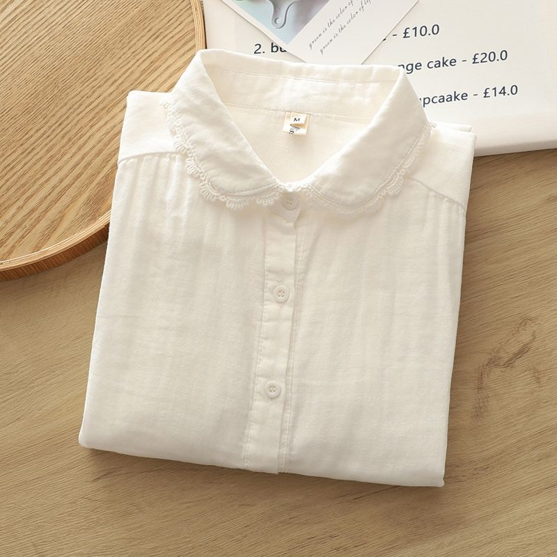 Női hosszú ujjú pamut géz ing, dupla réteg, csipkés virágos részlettel, tiszta pamut, polo gallér, kolázs/patchwork részlet, 95%+ pamut