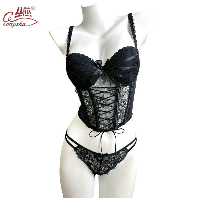 Francuski stil korzeta s kostima ribe, 3/4 košarica, čipka, najlonska podstava, fiksne dvostruke naramenice, stražnje dvostruko zatvaranje