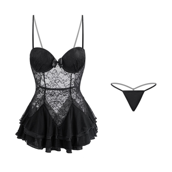 Ühetelliline ööriide sügava V-kaarega, rinnahoidla all toetus, pitsiline läbipaistev võrk, avatud selg õlarihmadega (Toode: Nailon; Tihedus: Ultra-thin 61–80 g/m2; Peamine materjal: 80–90% Nailon; Turule: 2024. aasta suvi)