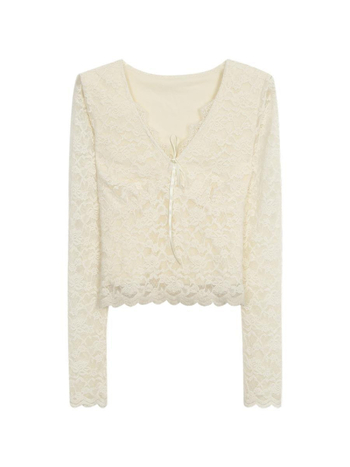 Naiste pitsiline V-kaelusega pikkade varrukatega T-särk tikandiga, viskoosi segu spandexi/nyloni seguga