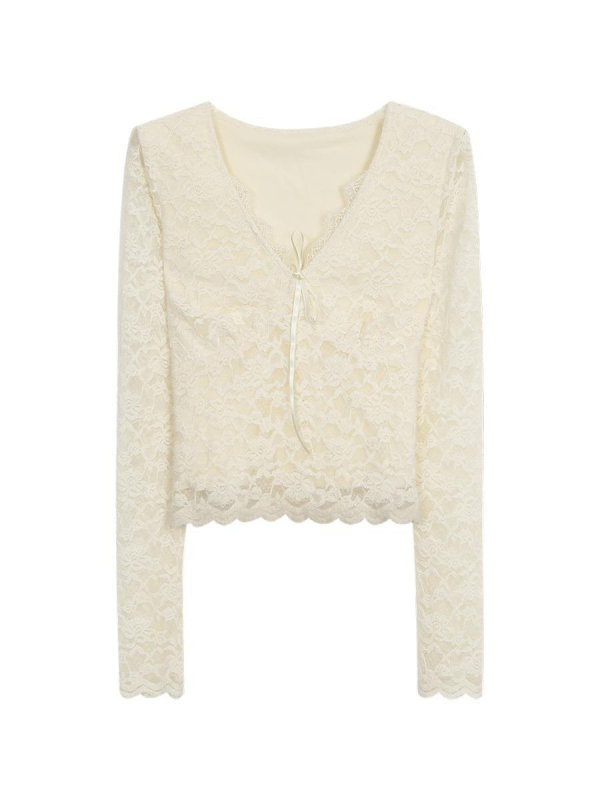 Naiste pitsiline V-kaelusega pikkade varrukatega T-särk tikandiga, viskoosi segu spandexi/nyloni seguga