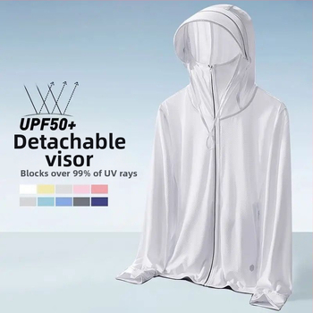 Unisex kapuutsiga suvine UV-kaitse jakk, õhuke Ice Silk hingav kangas, 80% polüester ja keemiliste kiudude segu, Korea stiil, eeslukustus, tridimensiooniline tasku
