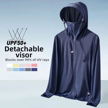 Unisex kapuutsiga suvine UV-kaitse jakk, õhuke Ice Silk hingav kangas, 80% polüester ja keemiliste kiudude segu, Korea stiil, eeslukustus, tridimensiooniline tasku