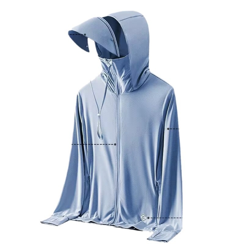 Unisex kapuutsiga suvine UV-kaitse jakk, õhuke Ice Silk hingav kangas, 80% polüester ja keemiliste kiudude segu, Korea stiil, eeslukustus, tridimensiooniline tasku