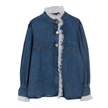 Denim košula s čipkom, glavni materijal 70–80% pamuk, dugi rukavi, okrugli izrez, slobodan kroj, duljina 50–65 cm