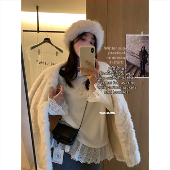 Puuvillane T-särk ümmarguse kaelusega, pikkade varrukatega, pitspaneeliga, ühetooniline muster