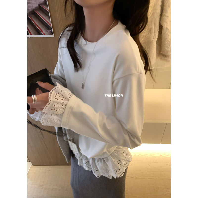 Puuvillane T-särk ümmarguse kaelusega, pikkade varrukatega, pitspaneeliga, ühetooniline muster