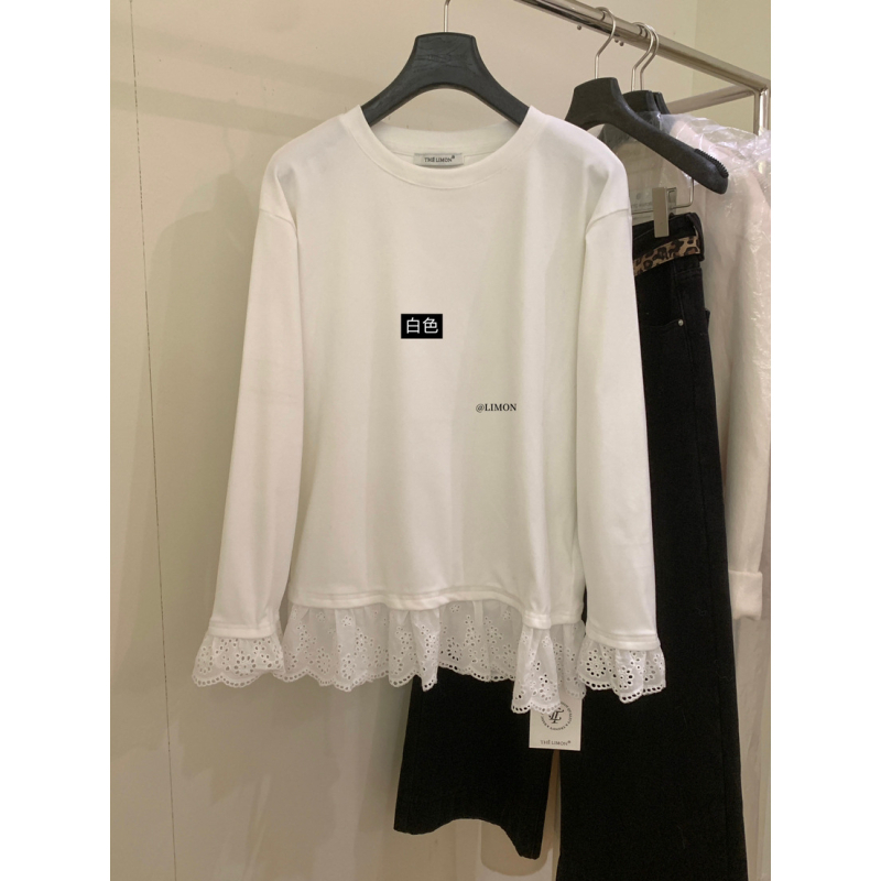 Puuvillane T-särk ümmarguse kaelusega, pikkade varrukatega, pitspaneeliga, ühetooniline muster