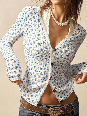 Halterneck kardigan-top s floralnim uzorkom, V-izrez, dugi rukavi, slim fit
