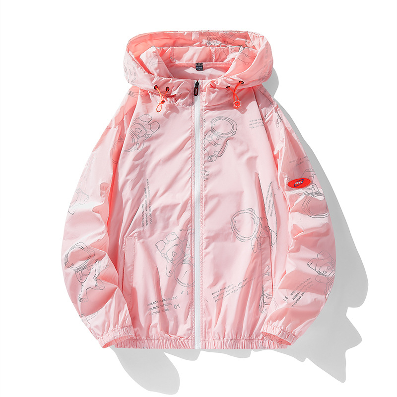 UV-kaitsekapuutsiga jakk suveks kerge, vaba lõikega, nailonsegu materjal, teadusulme trükis, eesmine tõmblukk ja tõmblukuga taskud