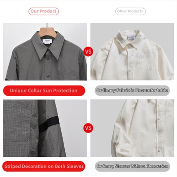 Triibuline päikesekaitsesärk kraega, Korea stiilis, 3D taskud, polüesteri segu 95%