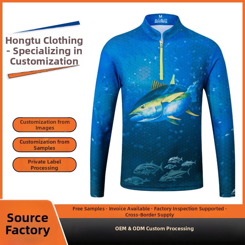 Teismelistele mõeldud UV-kaitsega kalastusjakk, pikkade varrukatega, UPF50+, kiiresti kuivav hingav polüestersegu, loomade mustriga trükk, eesmine tõmblukk