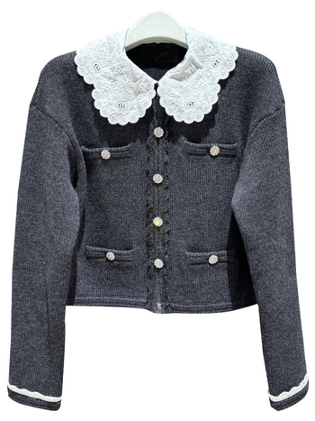 Naise lühike kootud kardigan eemaldatava pitskaelusega, villase–viskoossegu, slim fit, pikad varrukad, ühevärviline, elegantne igapäevane stiil.