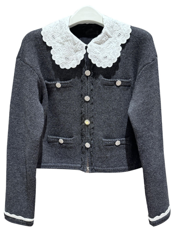 Naise lühike kootud kardigan eemaldatava pitskaelusega, villase–viskoossegu, slim fit, pikad varrukad, ühevärviline, elegantne igapäevane stiil.